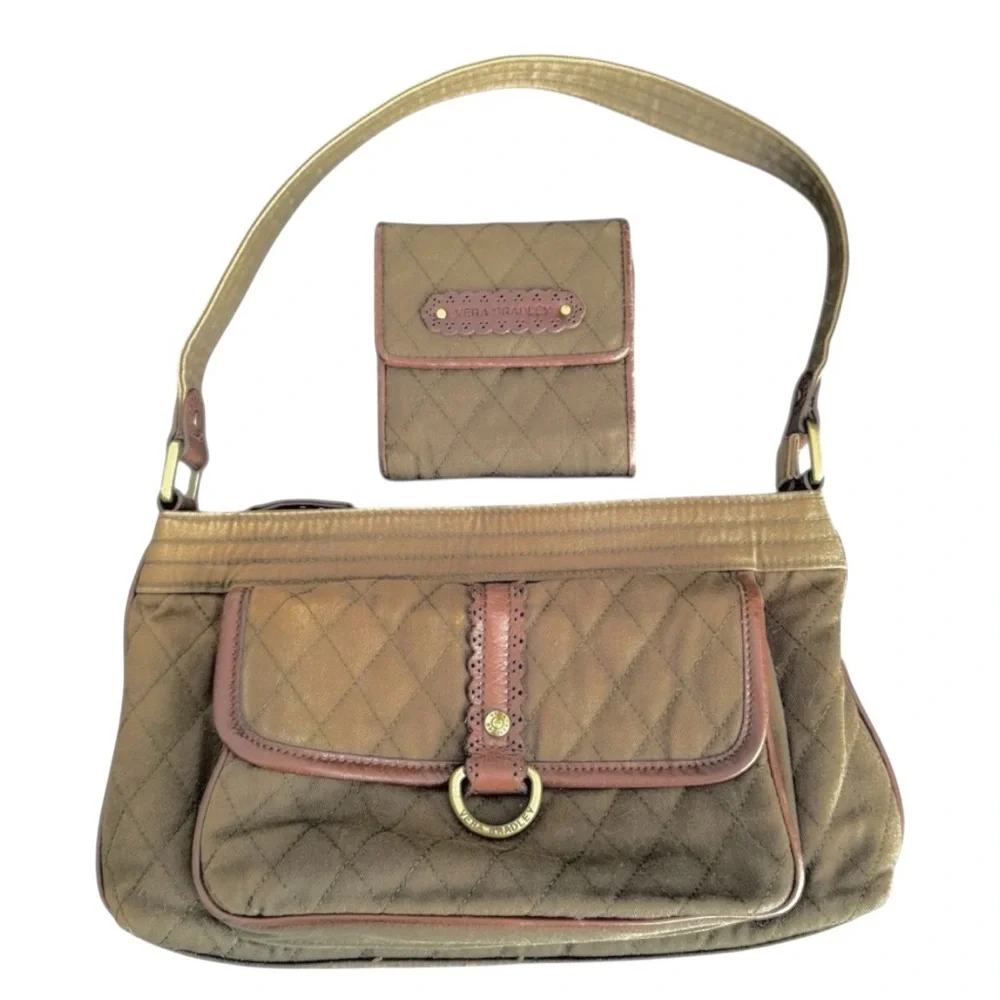 Vera Bradley Middleton Olive Khaki Quilted Shoulder Bag Satchel Set Rare Y2K